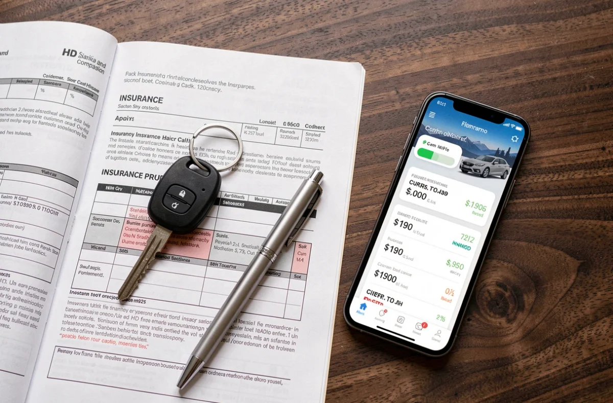 Clé de voiture, contrat d'assurance auto et comparateur de prix sur smartphone