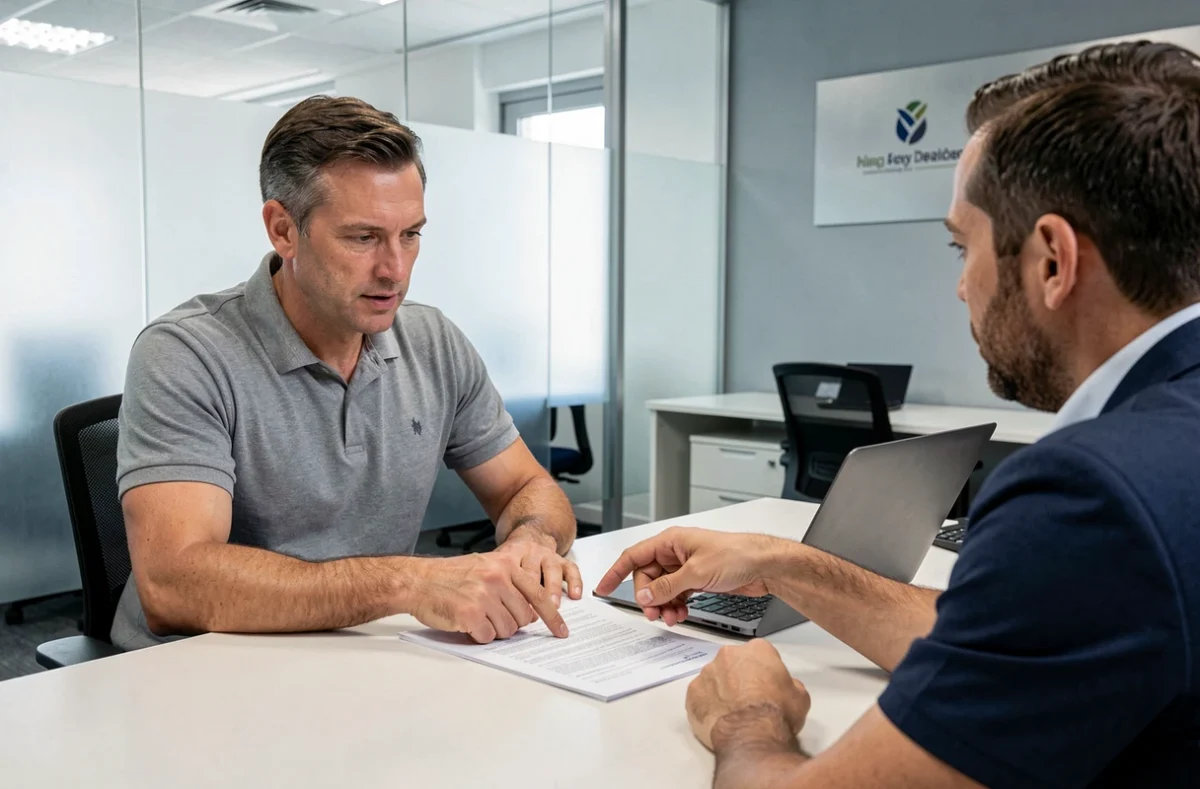 Client et conseiller en assurance examinant un contrat à franchise basse dans une agence professionnelle