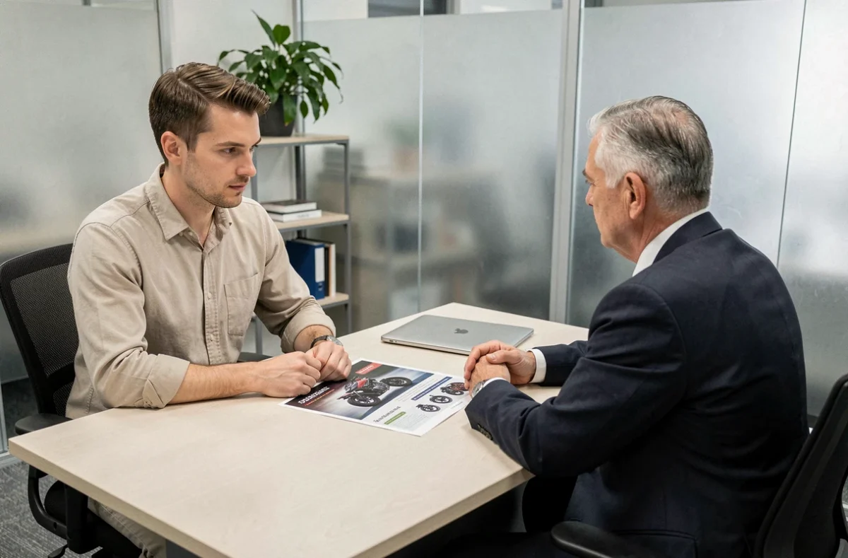 Client discutant des options d'assurance moto avec un conseiller dans un bureau professionnel
