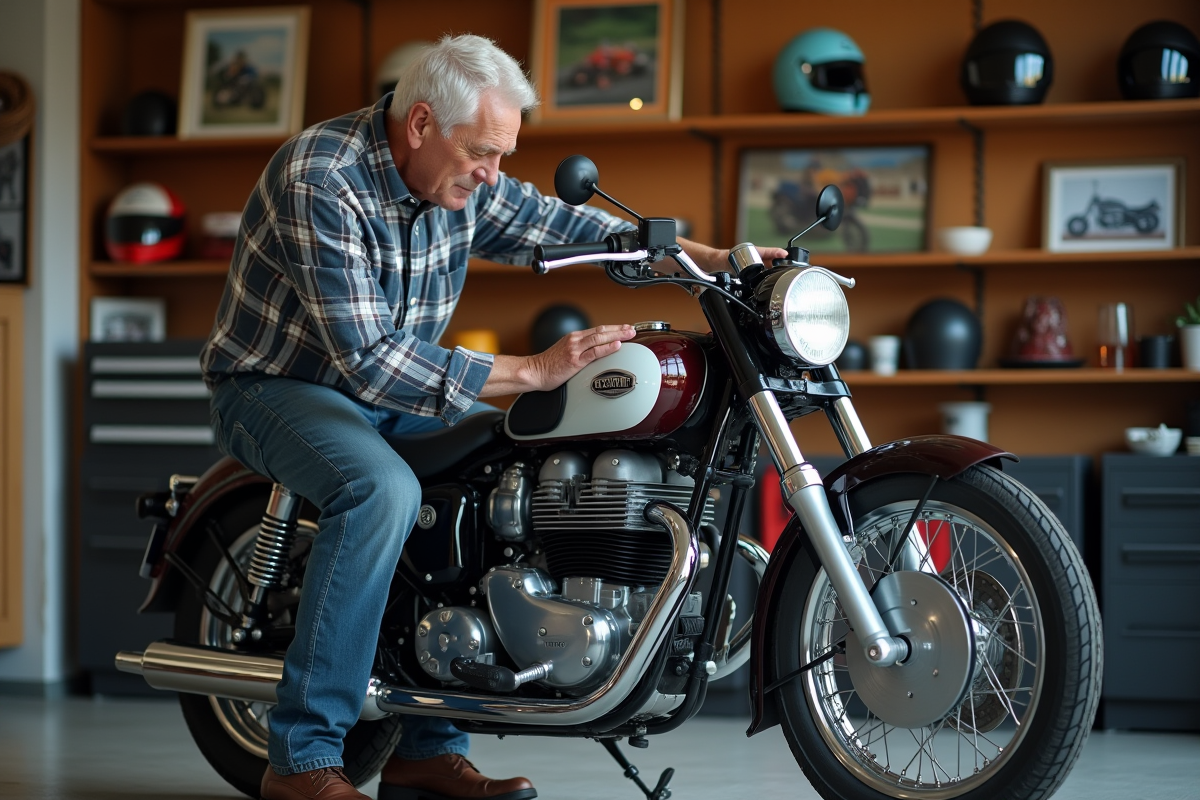 Collectionneur nettoyant une moto classique dans son garage