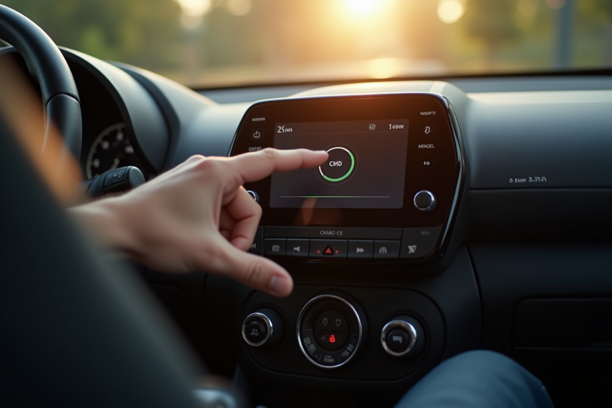 Main appuyant sur le bouton eco mode dans l interieur de la Citroen C3