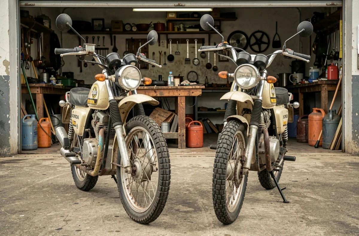 Comparaison Honda XL 500 S et XL 500 R garées côte à côte devant un atelier moto vintage