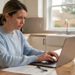 Femme comparant des offres d'assurance auto sur un ordinateur portable dans une cuisine moderne
