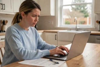 Femme comparant des offres d'assurance auto sur un ordinateur portable dans une cuisine moderne