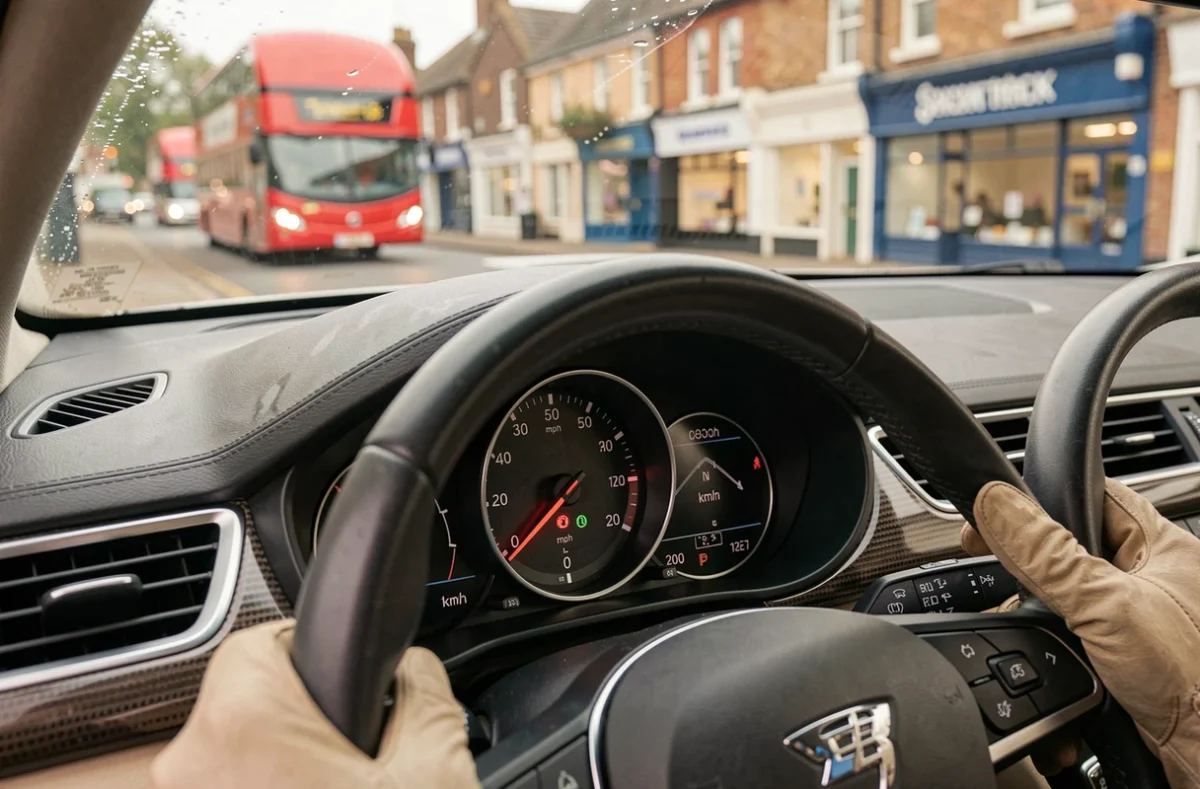 Tableau de bord d'une voiture britannique avec compteur de vitesse indiquant 30 mph et conversion en km/h sur affichage numérique