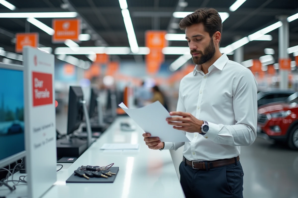 Homme consultant un contrat de location de voiture au comptoir du service Leclerc Location à l'intérieur d'un hypermarché
