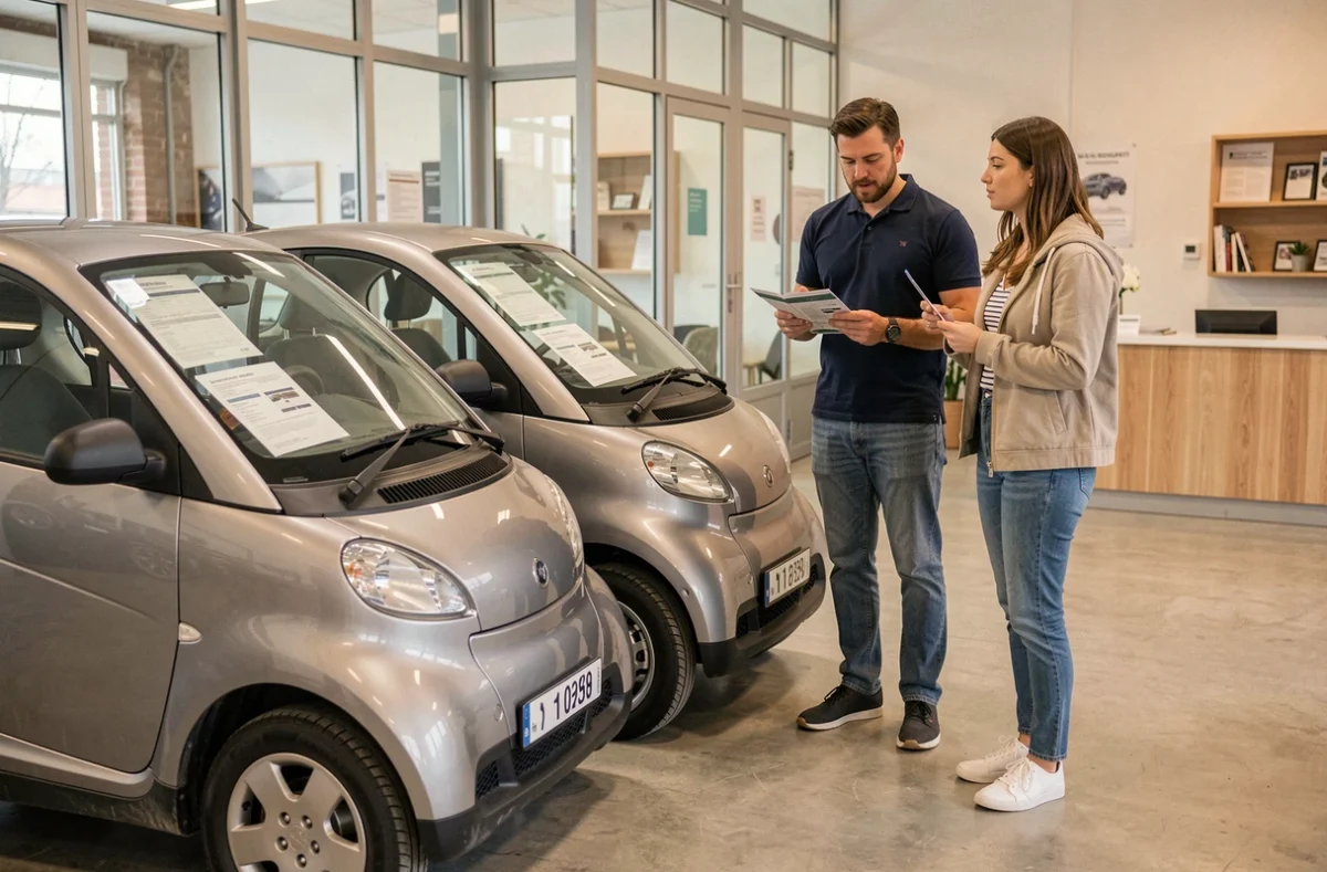 Vendeur présentant des voitures sans permis d'occasion à un jeune couple dans un concessionnaire de Clermont-Ferrand