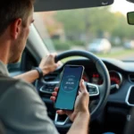 Conducteur estimant le coût en carburant de son trajet domicile-travail en consultant son smartphone depuis l'habitacle d'une voiture moderne