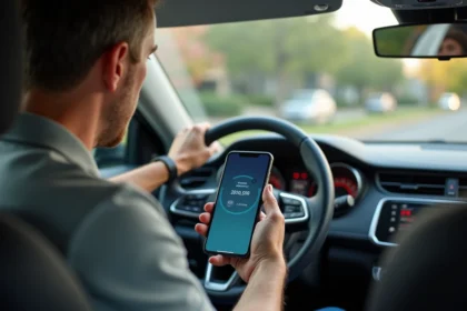 Conducteur estimant le coût en carburant de son trajet domicile-travail en consultant son smartphone depuis l'habitacle d'une voiture moderne