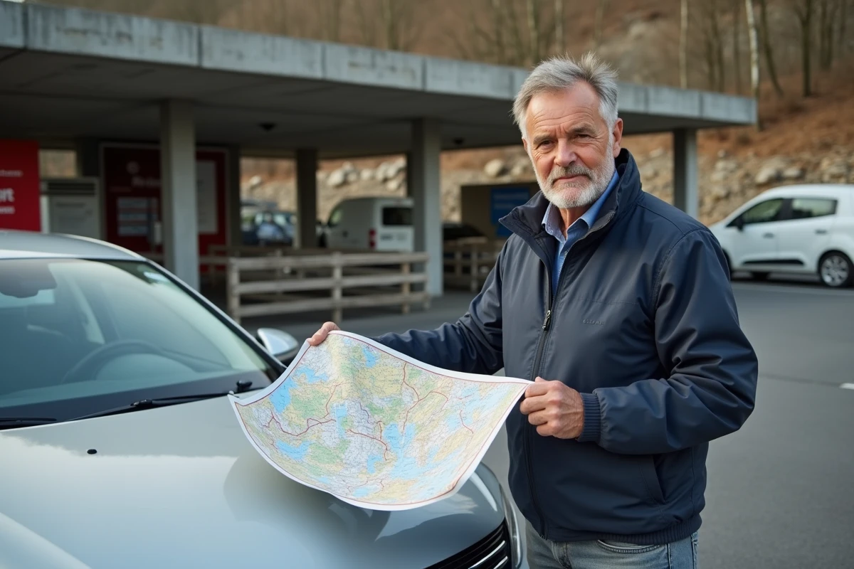 Homme consultant une carte routière à une aire de repos d'autoroute près de Lyon en France