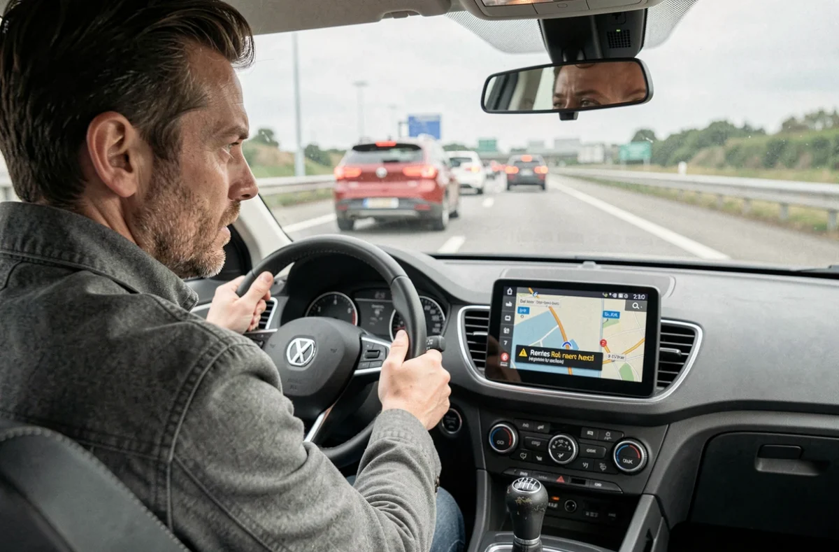 Conducteur consultant son GPS pour éviter les zones d'accident sur le périphérique de Toulouse