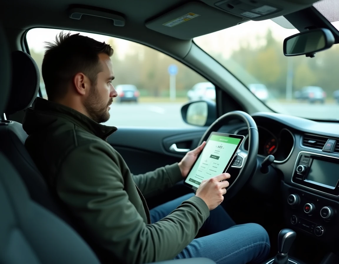 Conducteur vérifiant son solde de points de permis sur tablette depuis l'intérieur de sa voiture