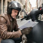 Conducteur de scooter débridé examinant un contrat d'assurance sur une rue pavée européenne
