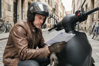 Conducteur de scooter débridé examinant un contrat d'assurance sur une rue pavée européenne