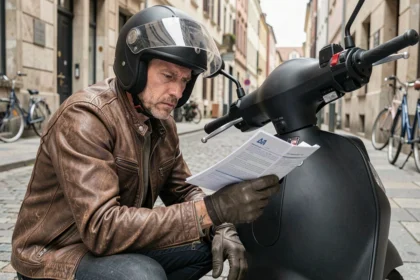 Conducteur de scooter débridé examinant un contrat d'assurance sur une rue pavée européenne