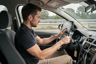 Conducteur d'une voiture radar privée sur une route nationale française, illustrant les conditions de travail réelles du métier