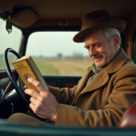 Homme d'âge moyen dans une voiture ancienne lisant un guide de voyage