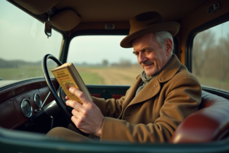 Homme d'âge moyen dans une voiture ancienne lisant un guide de voyage