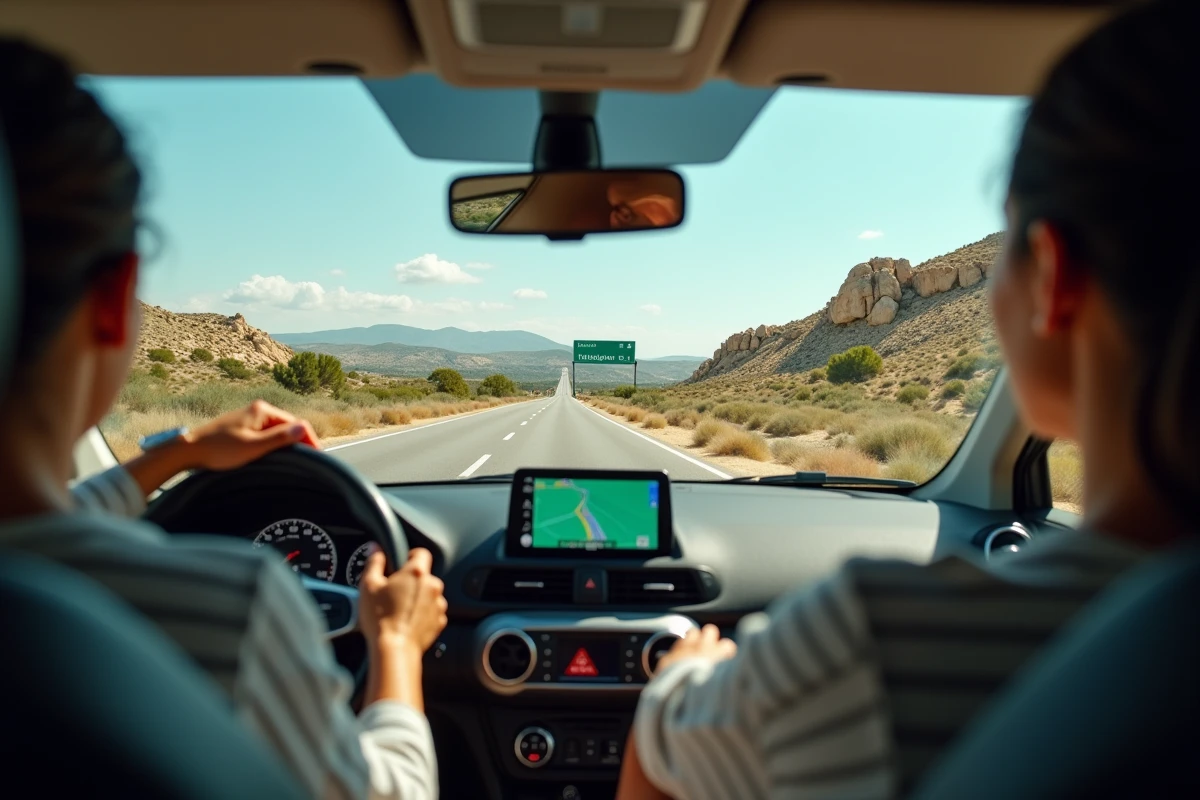 Conductrice sur une autoroute gratuite près de Marseille avec GPS et paysage provençal visible par le pare-brise