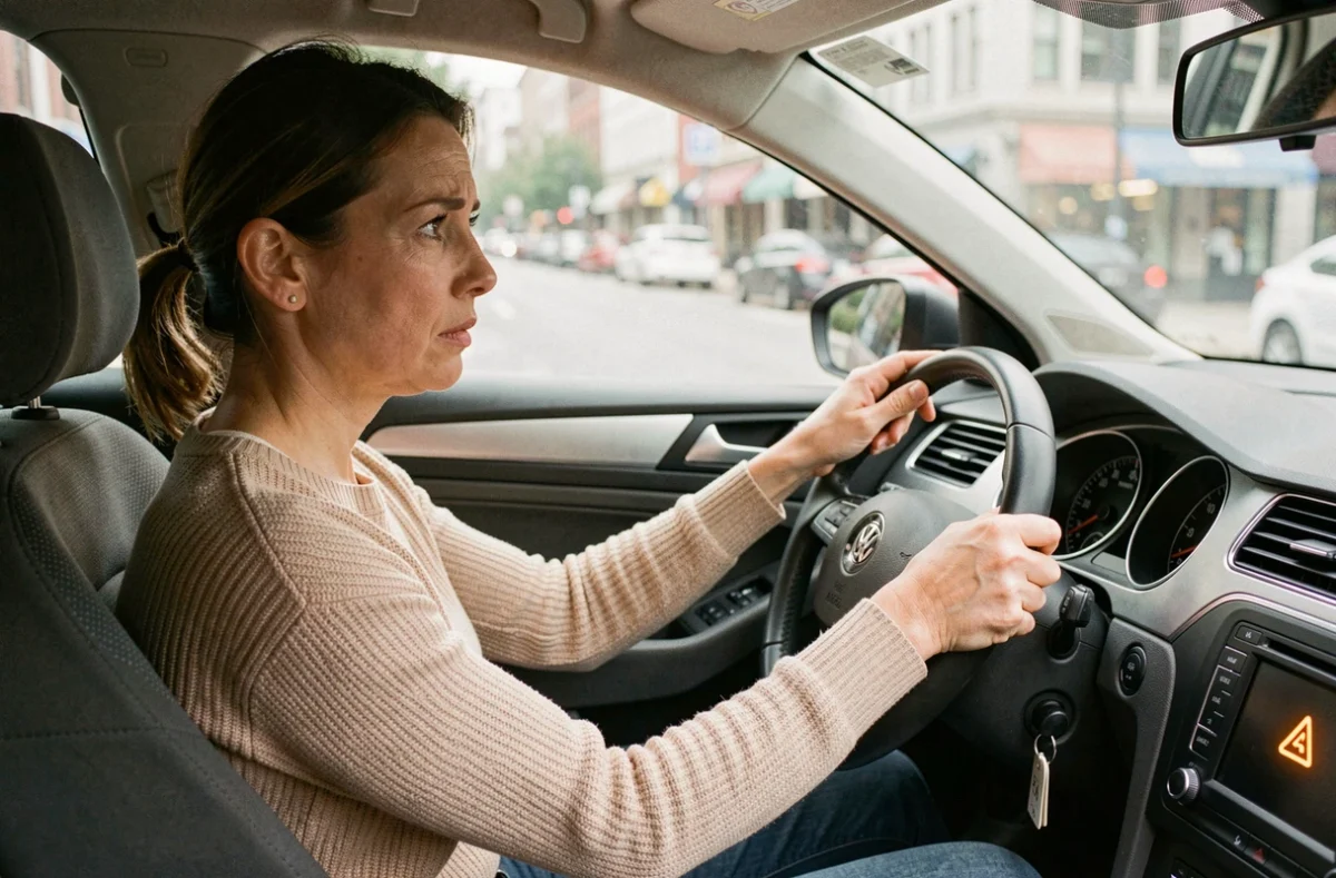 Conductrice remarquant le voyant triangle orange avec flèche dans une Volkswagen Passat