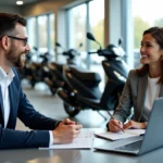 Homme en blazer bleu discute avec une vendeuse devant un scooter Yamaha