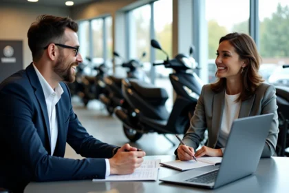 Homme en blazer bleu discute avec une vendeuse devant un scooter Yamaha