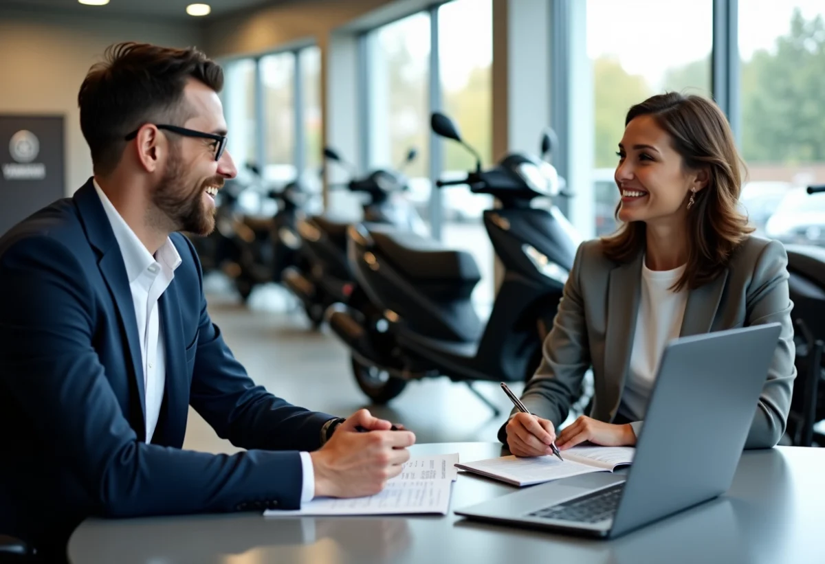 Homme en blazer bleu discute avec une vendeuse devant un scooter Yamaha
