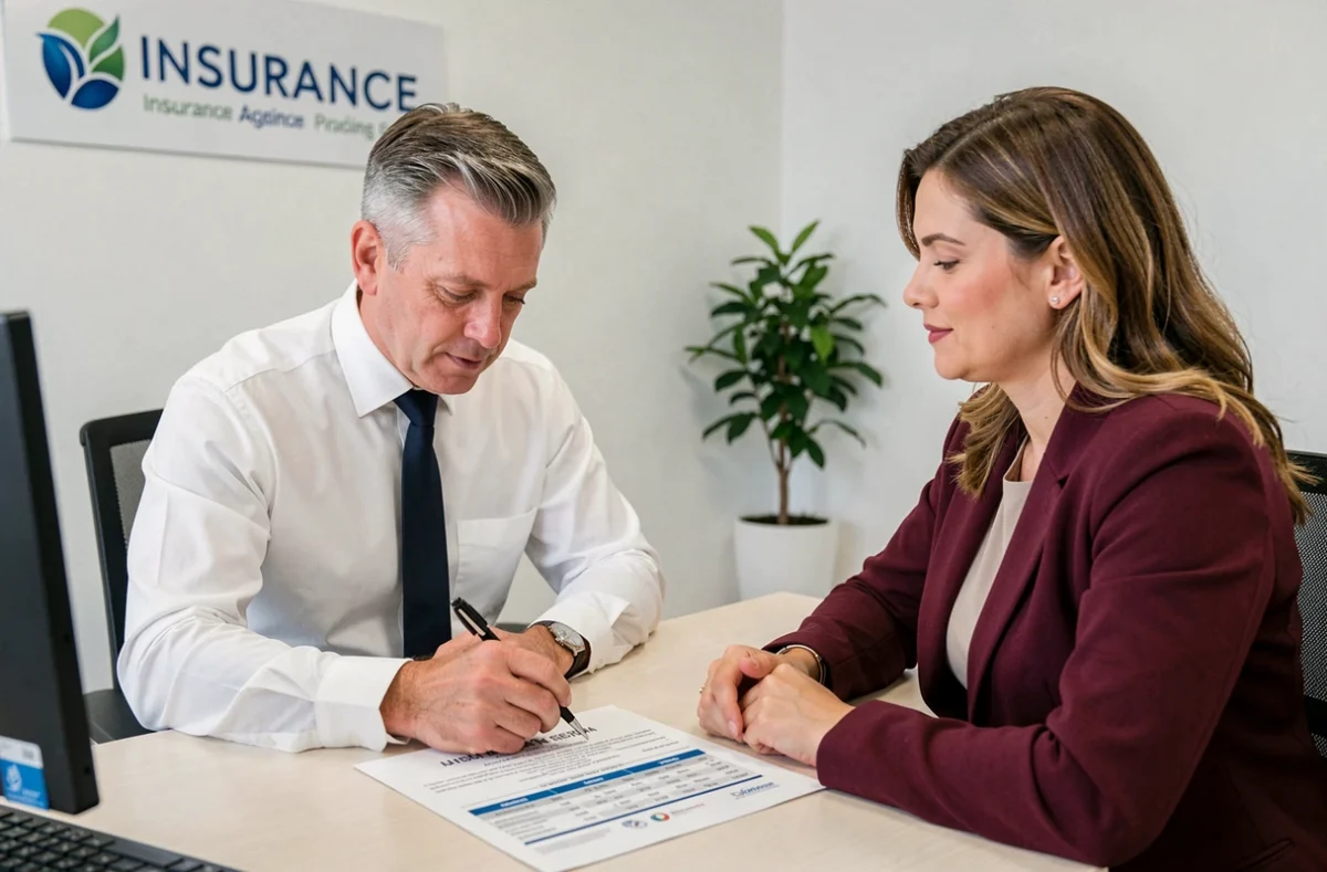 Conseiller en assurance présentant une comparaison de devis auto à une cliente dans une agence professionnelle