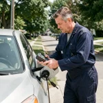 Mécanicien vérifiant la consommation de carburant d'une voiture essence avec un appareil de diagnostic, illustrant l'impact de la climatisation sur la consommation