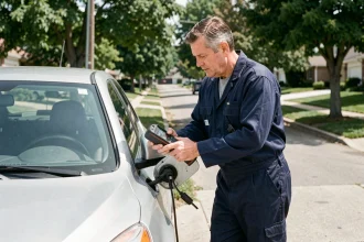 Mécanicien vérifiant la consommation de carburant d'une voiture essence avec un appareil de diagnostic, illustrant l'impact de la climatisation sur la consommation