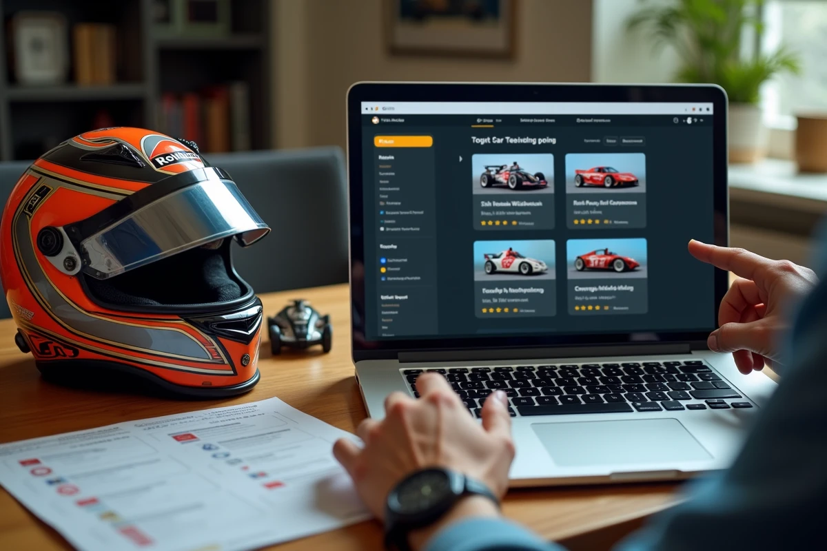 Acheteur consultant une annonce de voiture de course sur un site spécialisé type Mikado Racing depuis son bureau