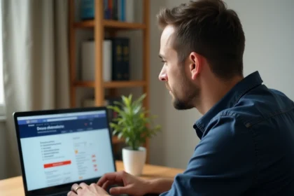 Homme consultant le solde de ses points de permis de conduire sur le site ANTS depuis son bureau à domicile