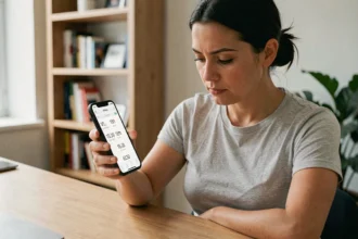 Femme consultant une application de conversion miles en kilomètres par heure sur son smartphone au bureau