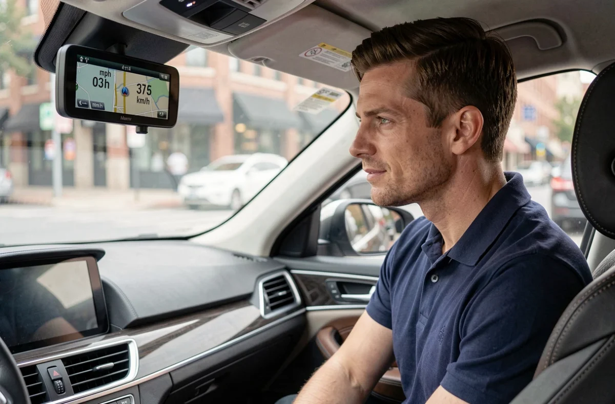 Homme vérifiant la conversion de vitesse miles et kilomètres par heure sur un GPS de voiture