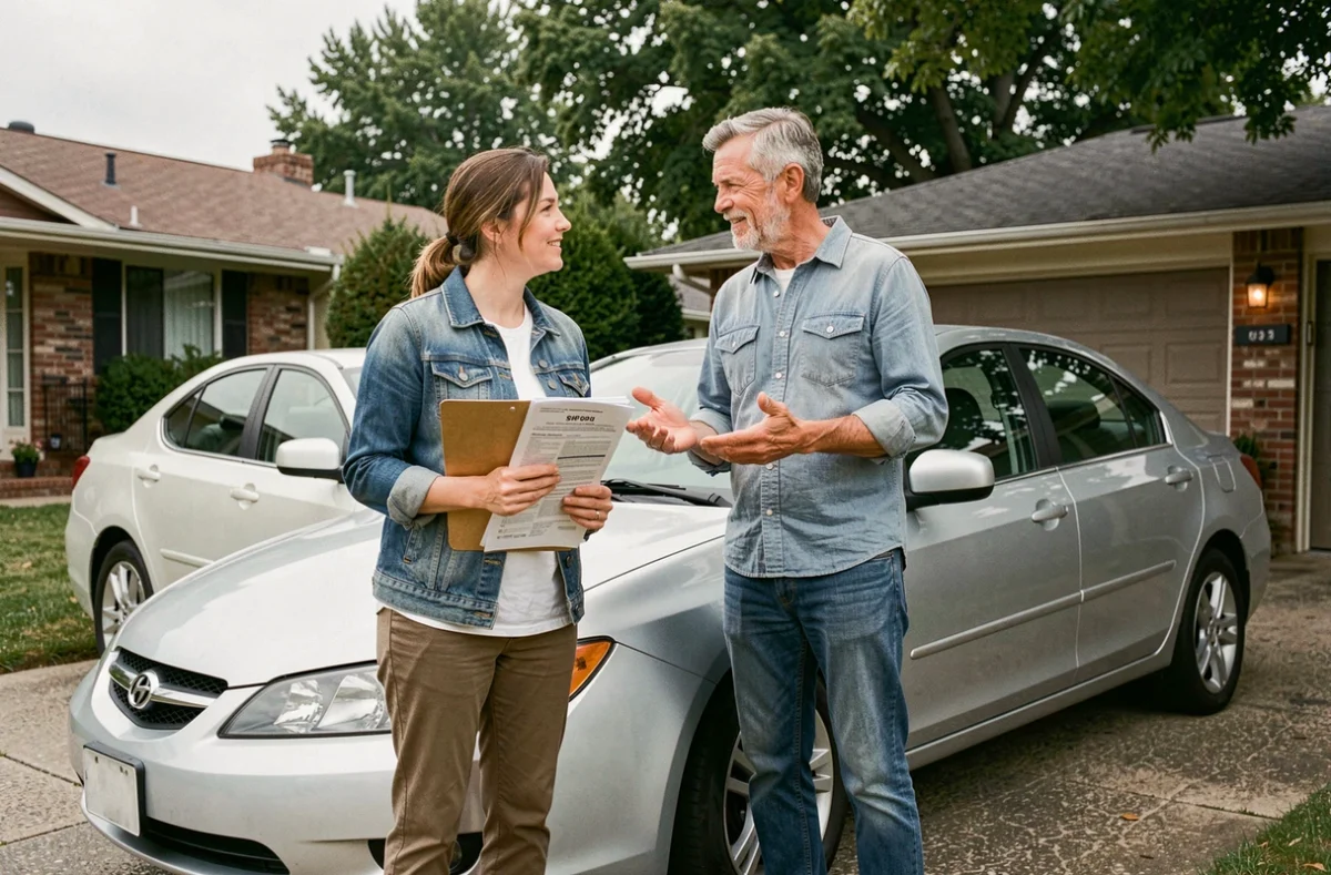 Couple vérifiant les documents d'assurance pour une voiture en LOA dans une allée résidentielle