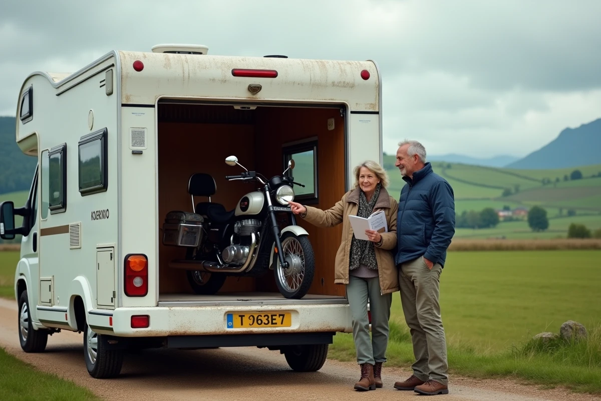 Couple examinant un camping-car poids lourd d'occasion avec garage moto à l'arrière dans la campagne française