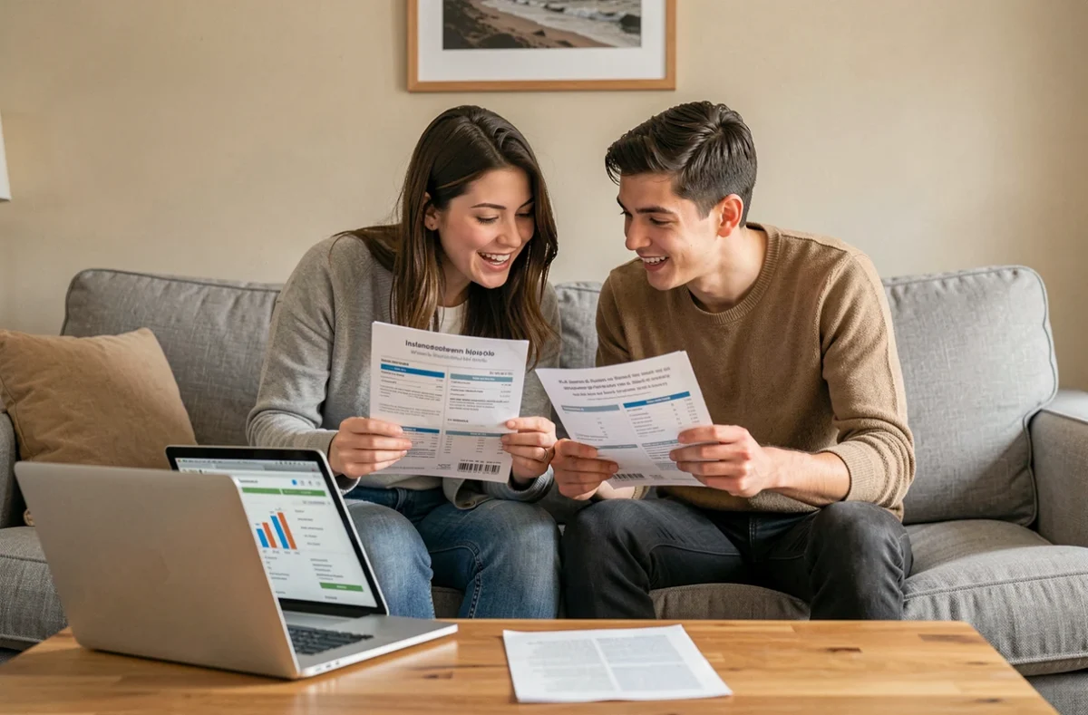 Couple jeune comparant des brochures de devis d'assurance auto assis dans un salon confortable