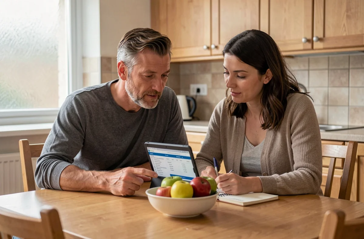 Couple comparant des offres d'assurance auto ensemble sur une tablette dans leur cuisine