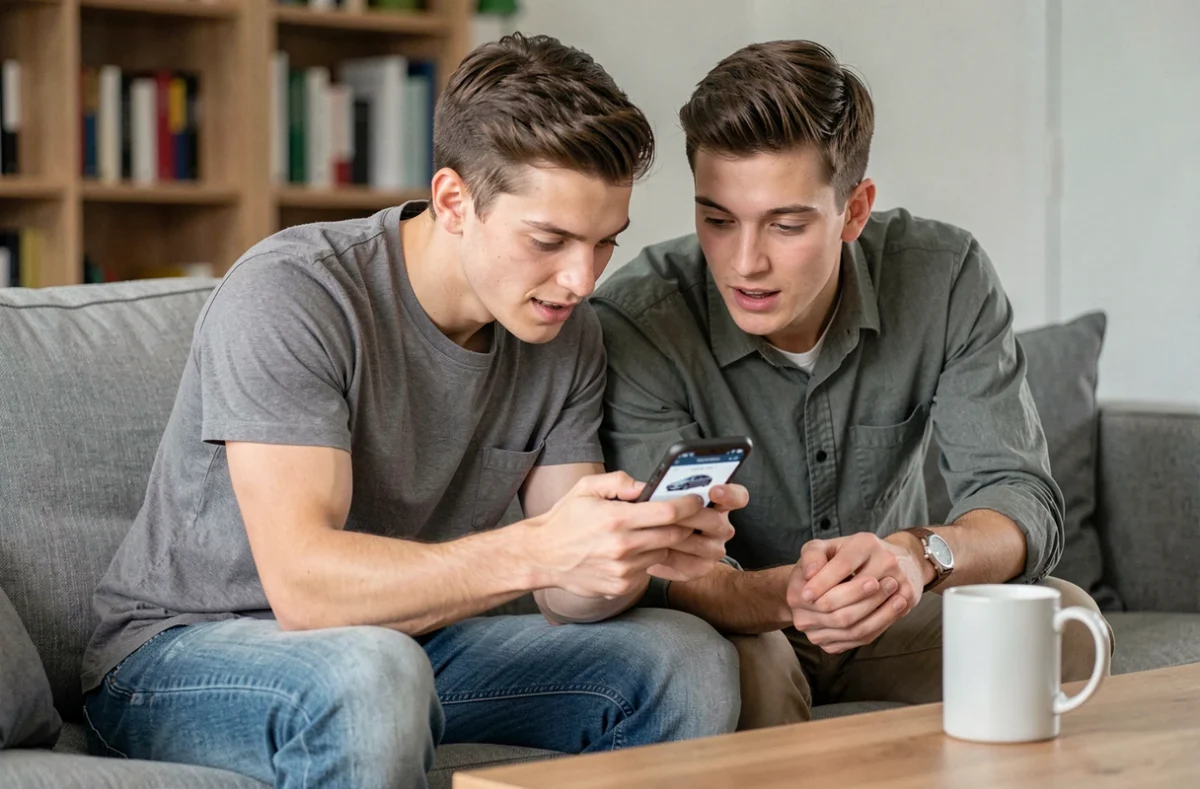 Couple consultant un comparateur d'assurance automobile sur smartphone dans leur salon