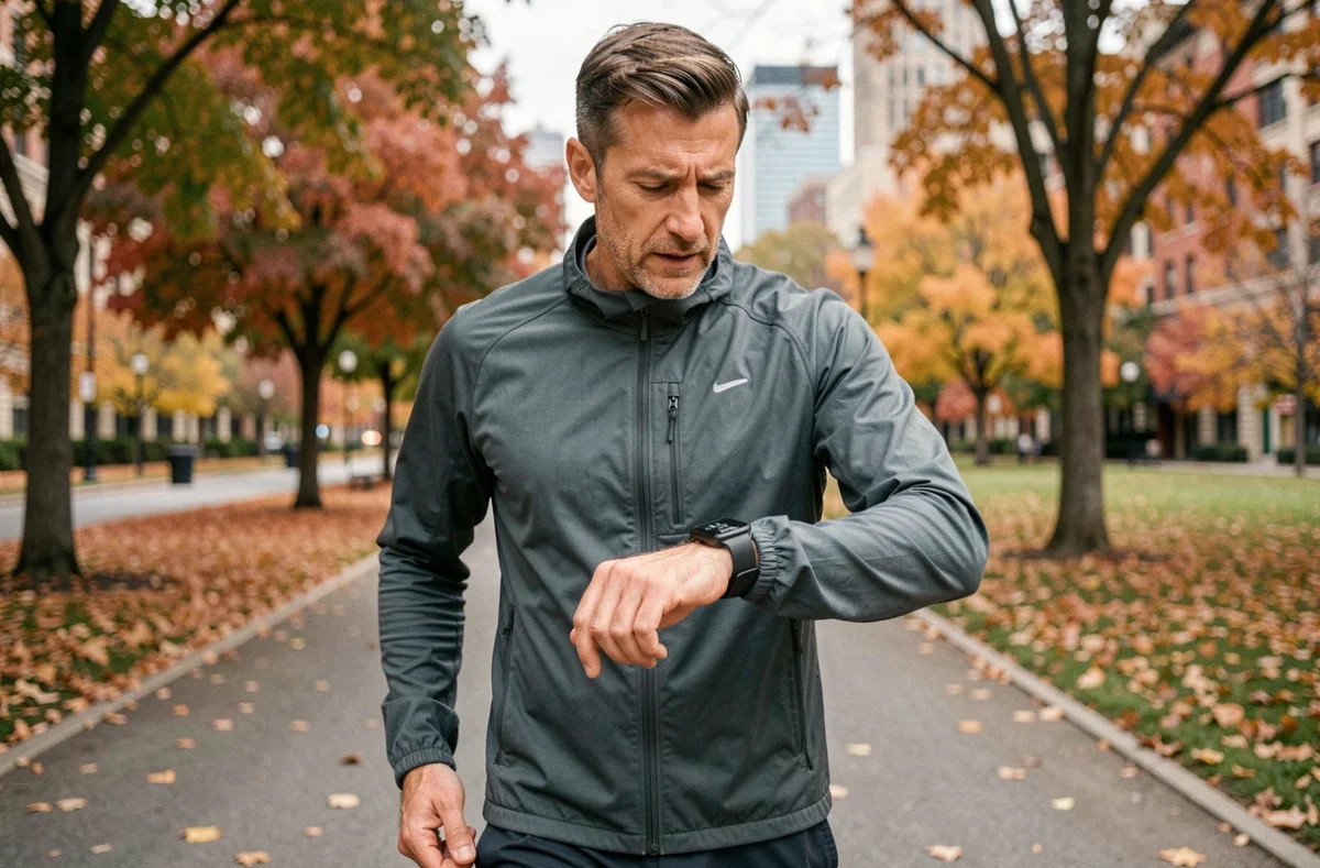 Coureur consultant sa montre connectée pour convertir des miles en kilomètres par heure pendant une course en ville