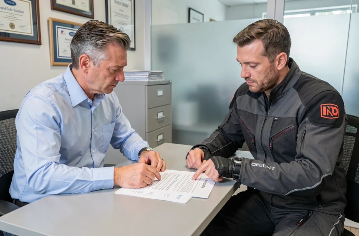 Courtier en assurance et motard discutant d'un contrat d'assurance scooter débridé en agence