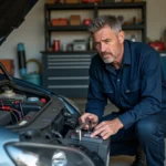 Mécanicien déconnectant la borne négative d'une batterie de voiture dans un garage résidentiel avec une clé réglable