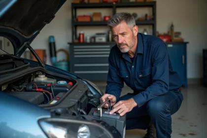 Mécanicien déconnectant la borne négative d'une batterie de voiture dans un garage résidentiel avec une clé réglable