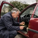 Homme examinant le dessous du tableau de bord d'une Renault Clio 2 pour désactiver l'anti-démarrage manuellement