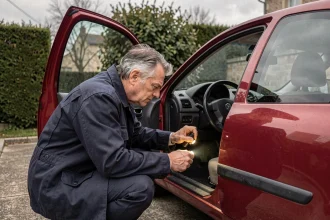 Homme examinant le dessous du tableau de bord d'une Renault Clio 2 pour désactiver l'anti-démarrage manuellement