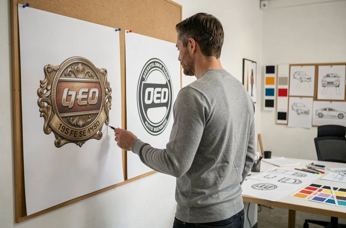 Designer automobile comparant un ancien logo de marque complexe à sa version moderne simplifiée dans un studio de design professionnel