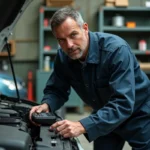 Mécanicien professionnel effectuant un diagnostic sur un moteur 1.6 TDI dans un garage indépendant
