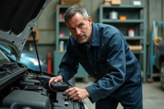 Mécanicien professionnel effectuant un diagnostic sur un moteur 1.6 TDI dans un garage indépendant