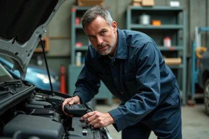 Mécanicien professionnel effectuant un diagnostic sur un moteur 1.6 TDI dans un garage indépendant