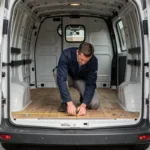 Homme mesurant l'espace de chargement intérieur d'un Renault Trafic L1H1 vu depuis les portes arrière ouvertes